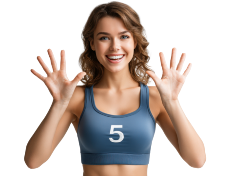 The Number 5: A woman holding her hands up, displaying the number five on her shirt, inviting viewers to engage and reflect upon the numerical concept presented.