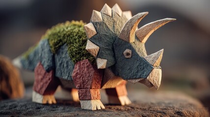 Fototapeta premium Colorful Wooden Triceratops Model with Natural Elements and Textures