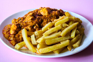  A Plate of Traditional Chicken Tikka Masala With Chips