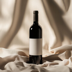 A high-end wine bottle mockup placed on a soft ochre-colored surface, with dramatic natural lighting casting artistic shadows. . High quality photo