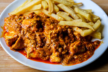  A Plate of Traditional Chicken Tikka Masala With Chips