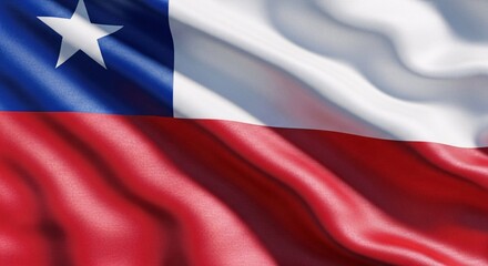 Fototapeta premium The Chilean flag waves gracefully in the wind, representing the spirit of a nation with its distinctive red, white, and blue design and a single star of hope.