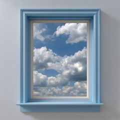Blue window frame with cloudy sky view