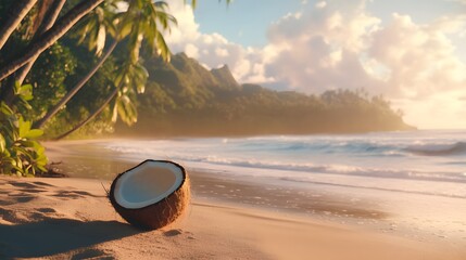 Tropical Beach Scene with Fresh Coconuts – Idyllic Island Getaway under Palm Trees