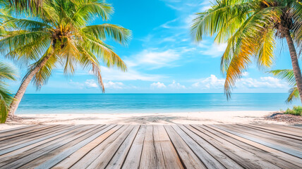 A stunning image of wooden deck, podium on tropical beach with palm trees and blue sky background