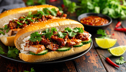 Banh Mi sandwich with pork belly, cucumber and spicy sriracha mayo. Vietnamese cuisine. Tasty food.