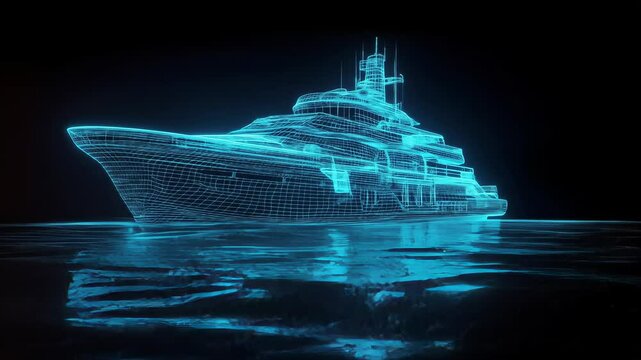 A luminous, turquoise wireframe yacht model reflecting in blue waters on a black background