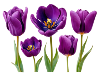 Purple Tulip Symphony: A captivating collection of vibrant purple tulips, showcasing their elegant petals and intricate details, with the warm, natural beauty of the season. 