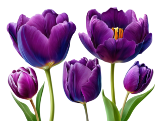 Purple Tulip flower with Vibrant Depth: A digitally crafted image showing five vibrant purple tulip blossoms in full bloom, radiating a spectrum of rich violet and dark plum shades.