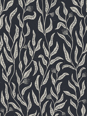 Seamless vector pattern block print botanical leaves and flowers on dark black background