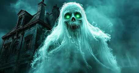 A ghostly white figure with glowing green eyes and an eerie atmosphere is set against a spooky background of a building
