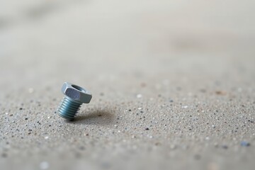 A close-up of a metallic bolt resting on a sandy surface.