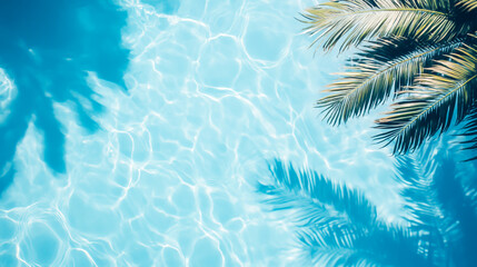 Aqua waves and coconut palm shadow on blue background. Water pool texture top view. Tropical summer mockup design