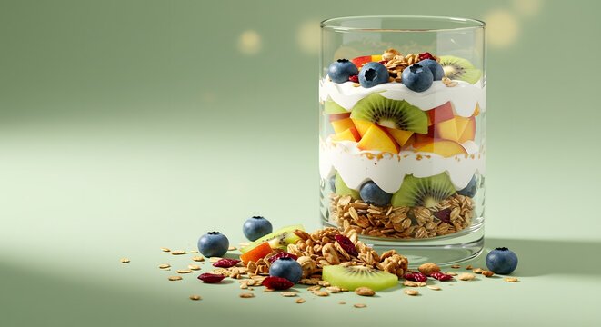 Layered parfait with granola, yogurt, and fruit: a delicious and healthy breakfast or snack option.