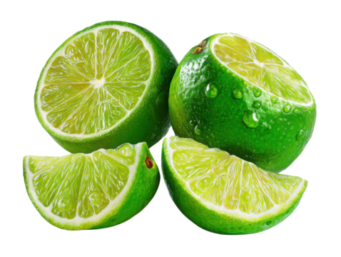 Zesty Lime: A vibrant studio shot capturing the freshness of halved and sliced limes, perfect for a refreshing drink or culinary creation.