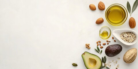 Selezione di cibi ricchi di grassi sani con avocado, noci, semi e olio d'oliva, con spazio vuoto per aggiungere testo o disegno. 