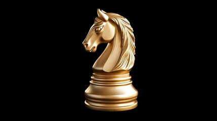 Un'immagine stilizzata mostra un pezzo di scacchi dorato a forma di cavallo su sfondo nero. Concetto di competizione, lusso e strategia