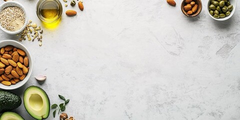 Disposizione ordinata di diversi alimenti salutari, tra cui noci, avocado, semi e olio. Gli alimenti sono disposti in modo da creare una cornice lungo i bordi dell'immagine, lasciando spazio al centro