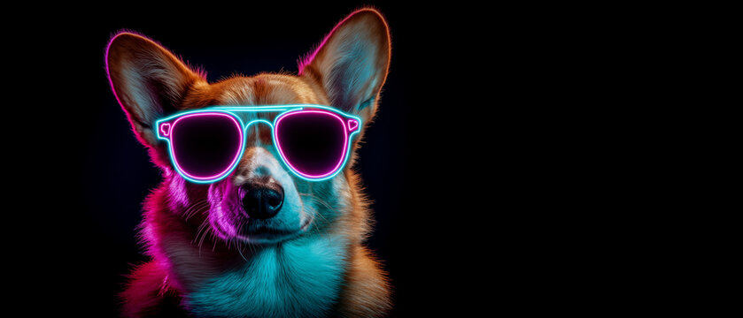 corgi dog wearing neon sunglasses; portrait of funky funny dog over black background; copy space