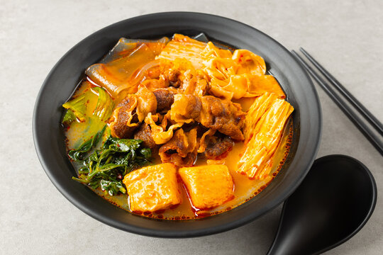 Malatang with Beef, Vegetables, and Other Chinese Ingredients