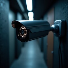 Closeup of a black security camera mounted on a wall