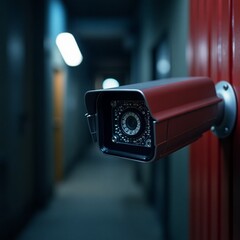 Red Security Camera in a Corridor