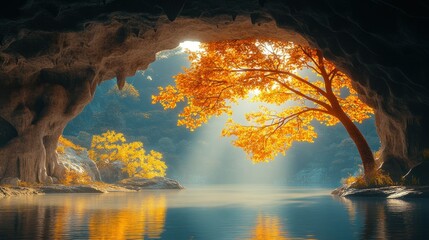 Cave entrance, sunlight streams through, autumnal trees and water
