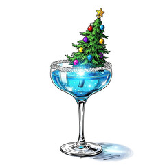 Hand-drawn sketch of a festive cocktail with a tiny Christmas tree garnish and glowing lights on a white background