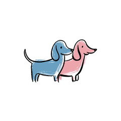Two stylized dachshunds standing together in  cute pose isolated on white background