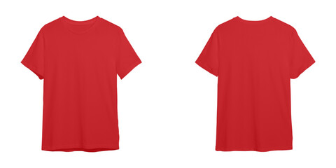 Red T-Shirt Front and Back View, Blank Red Shirt Mockup, Plain Red Tee Template, Empty Red T-Shirt Isolated, Casual Red Shirt on White Background