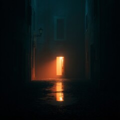 Mysterious night alleyway with warm light
