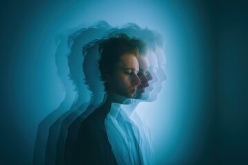 Obraz premium A man's face is shown in a series of blurred images, with his eyes closed