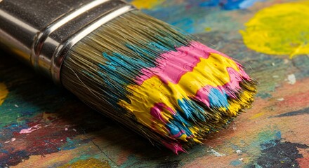 Obraz premium A paintbrush resting on a paint-splattered wooden surface showcases vibrant colors of yellow, pink, and blue.
