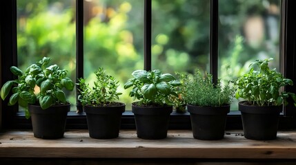 Fototapeta premium Potted herbs on a windowsill, showcasing fresh and vibrant green plants.