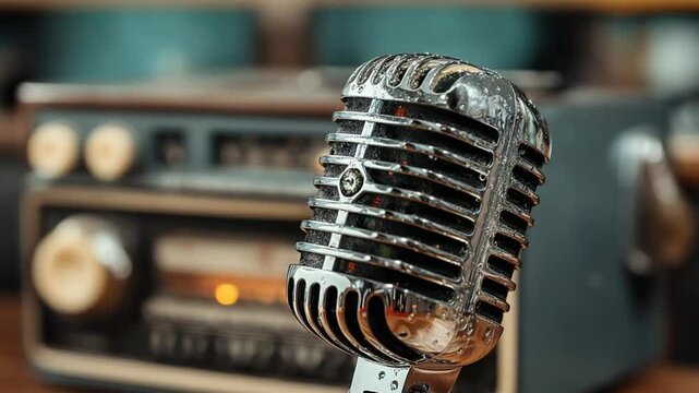 Nostalgic audio experience featuring vintage microphone and retro radio background
