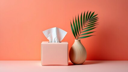 Tissues And Palm Leaf On Coral Background