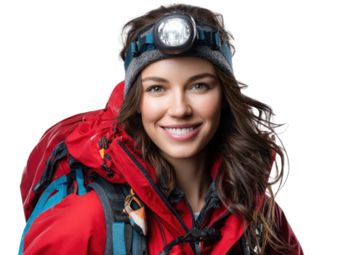Trailblazer's Smile: An adventurous woman with radiant smile, headlamp, and a hiking pack, ready to conquer any mountain trail, showcasing the spirit of exploration and the thrill of outdoor activity.