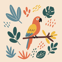 Colorful parrot sitting on a branch surrounded by tropical leaves, Suitable for packaging, greeting cards, printed children's publications and social media content, 