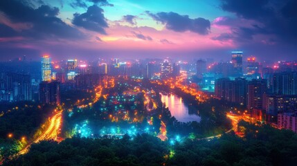 Obraz premium Cityscape at twilight, vibrant colors, lights, and a lake