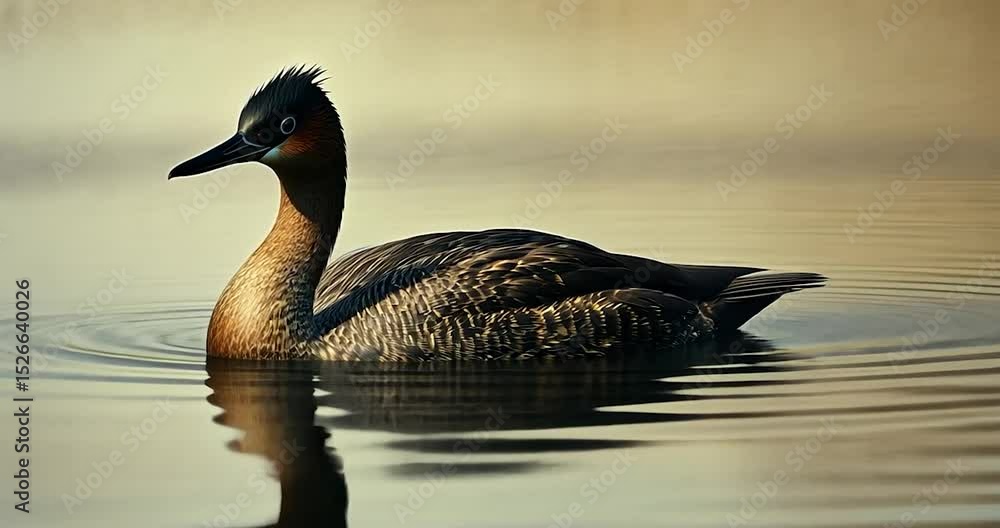 Poster red-headed duck floating on calm water in a natural environment and cloudy sky background