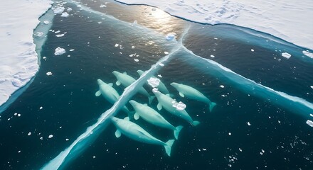 A mesmerizing aerial view of a pod of beluga whales gracefully swimming beneath a cracked ice surface.