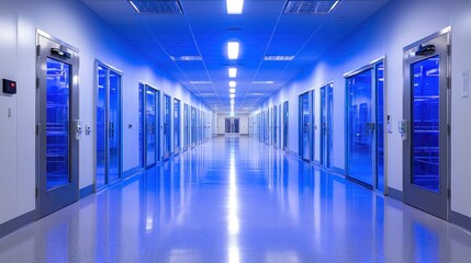 Fototapeta premium Clean, blue-lit laboratory hallway
