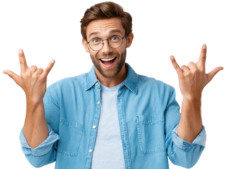 Expressive Joyful Man Gesturing: Capturing a man's ebullience through the universal expression of enthusiasm. Witness the lively energy as he passionately forms rock-and-roll hand signals.