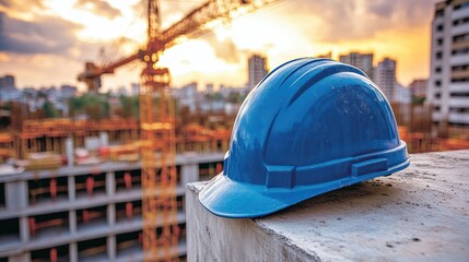 Blue hard hat on construction site at sunset