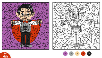 Color by number, education game, Vampire boy. Halloween cute character. Square coloring page
