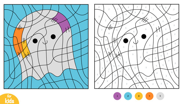 Cute ghost color by number for kids. Halloween coloring page with kawaii spooky character. Educational printable worksheet for preschool and kindergarten