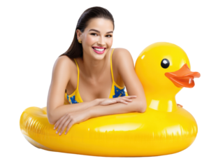 Joyful summer day: A beautiful woman with a radiant smile sits atop a large inflatable duck, embodying the carefree spirit of a sunny summer day. Capture the joy, leisure.