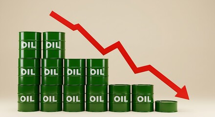 This creative concept uses oil drums and a stark red arrow to illustrate a downturn in the energy sector, highlighting economic challenges and future design considerations for sustainability.
