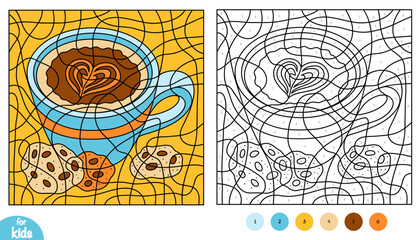 Color by number, education game for children, A cup of coffee with cookies.