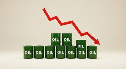 The visual metaphor of shrinking oil barrel stacks accompanied by a falling red graph line effectively communicates a drop in crude oil prices, impacting global markets and energy innovation.